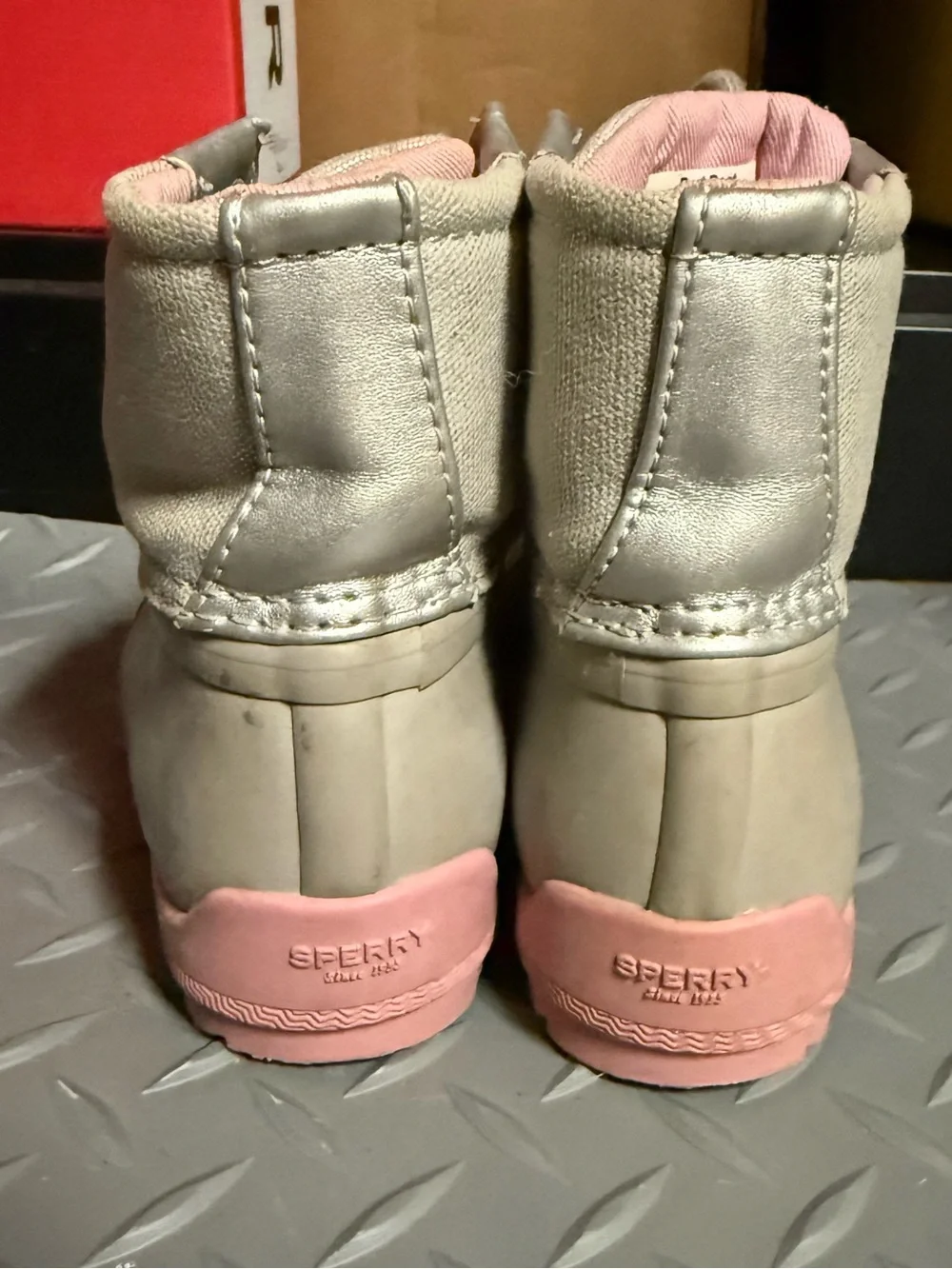 Sperry Kids Gray Waterproof Lace-Up Rain Boots with Pink Trim
